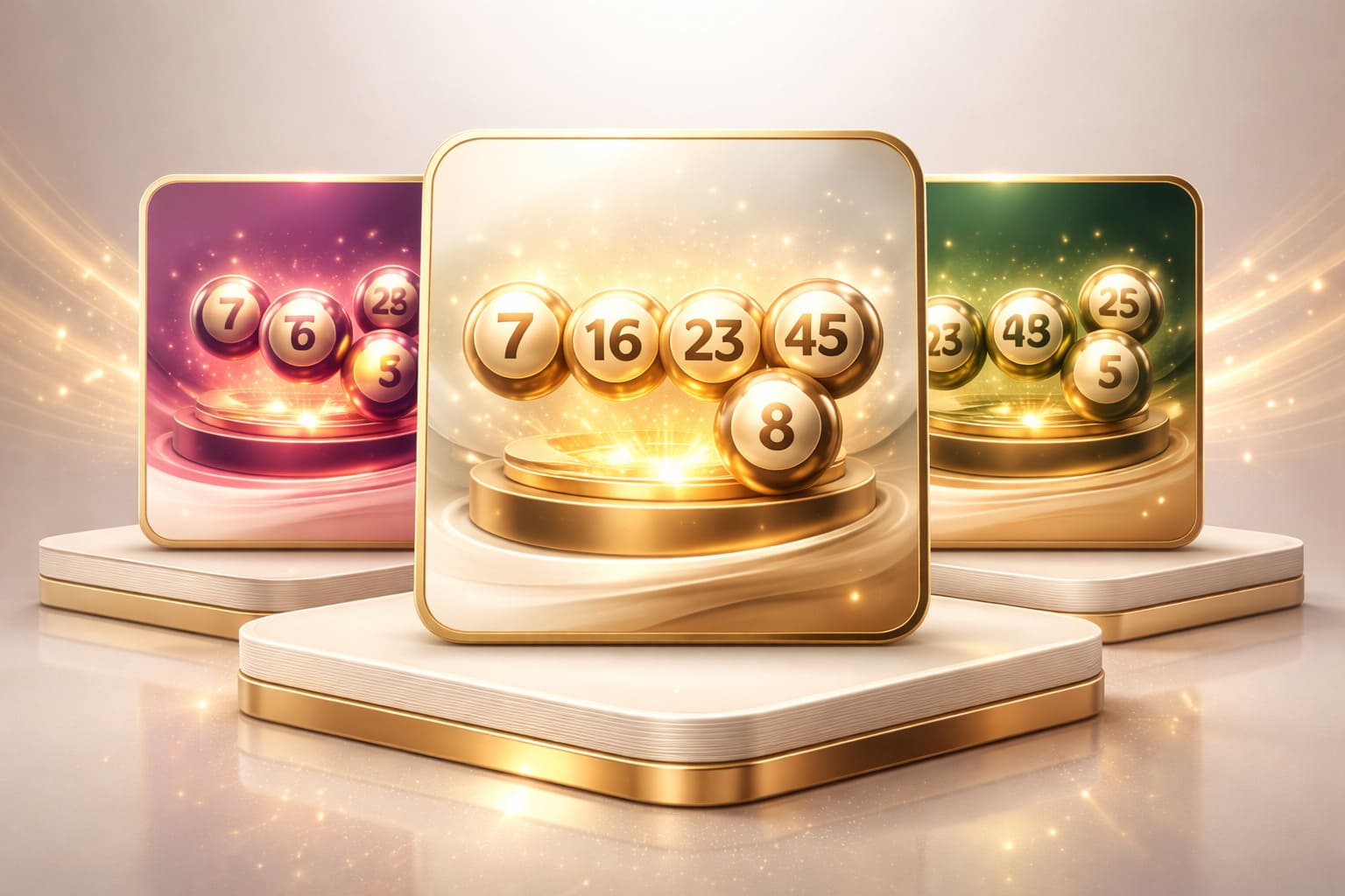 Premium daily lotto card visual for Pick 3, glossy magenta and violet gradient, floating numbered spheres, elegant official lottery product presentation, soft studio highlights, no text