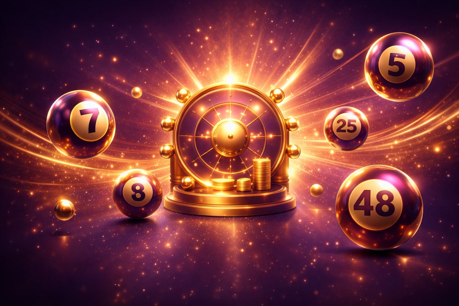 Luxury flagship lottery game artwork, royal purple and gold campaign scene, premium draw balls and elegant prize light, official entertainment style, no text