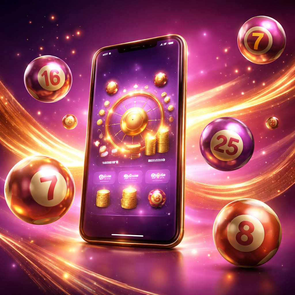 Premium UAE lottery hero visual, glowing royal purple and molten gold gradient background, floating numbered lottery balls, elegant smartphone showing a lottery app dashboard, luxury promotional campaign style, cinematic lighting, soft haze, no text