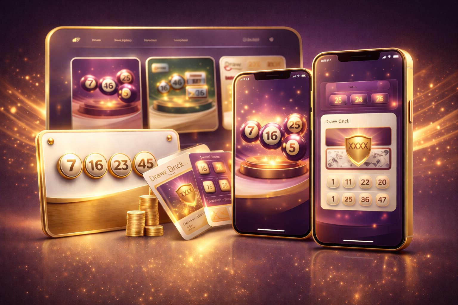 Premium lottery catalog hero visual, elegant purple gold and cream platform cards, polished digital entertainment dashboard, refined luxury interface composition, no text
