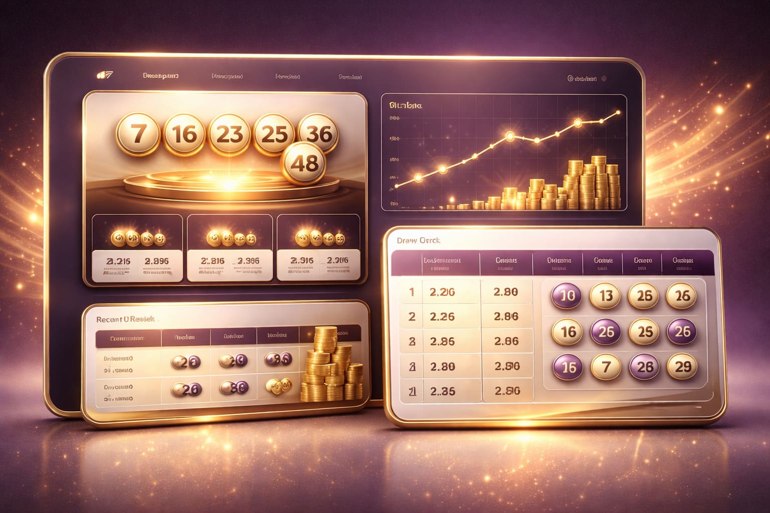 Official lottery results dashboard illustration, clean white and dark slate data panels, premium purple and gold result highlights, elegant graph lines, trustworthy reporting aesthetic, no text