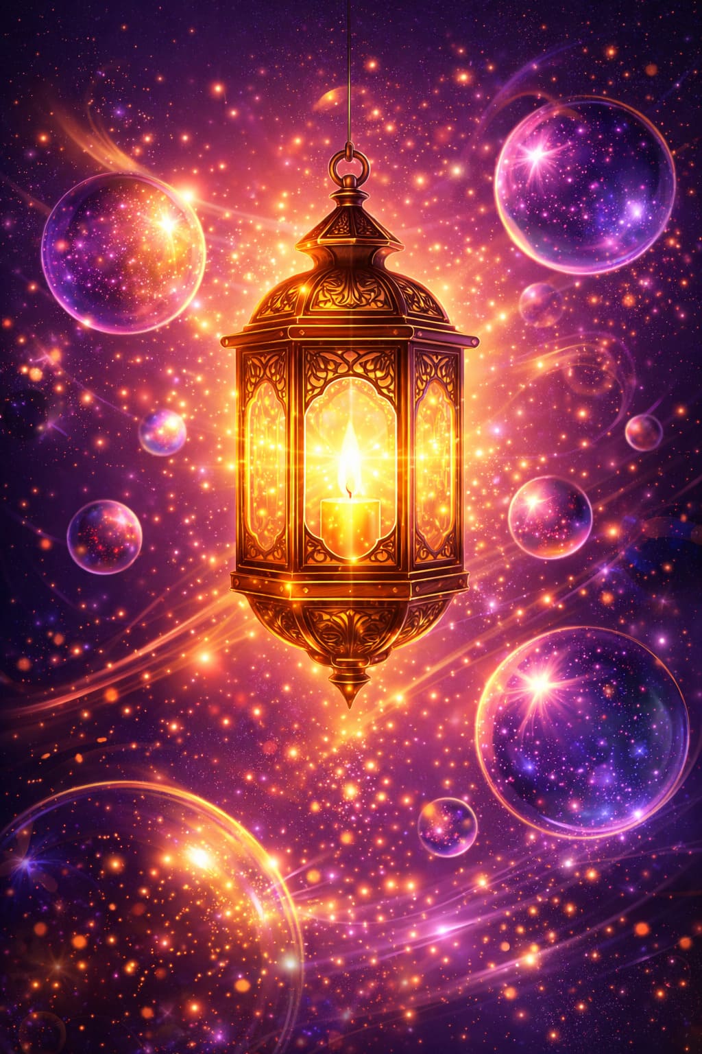 Premium scratch card cover art, night festival lanterns, violet and fuchsia glow, celebratory confetti sparks, elegant luxury entertainment poster feel, glossy card finish, no text