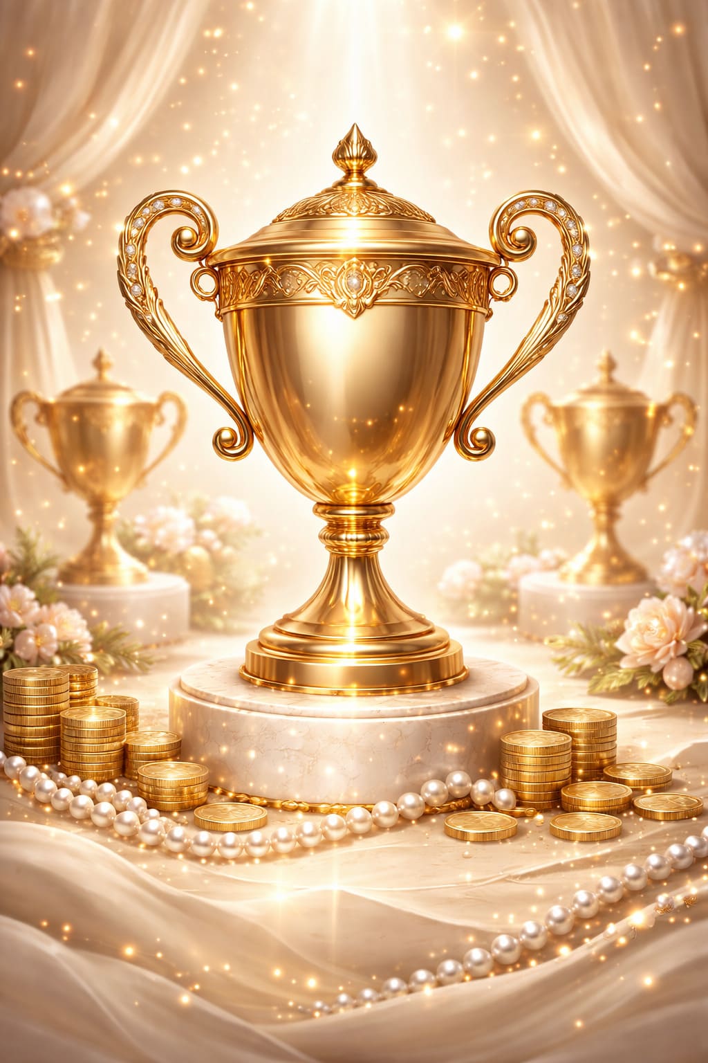 Premium scratch card cover art, ornate victory cups and pearl accents, soft ivory and gold palette, subtle regional elegance, luxury prize ceremony feel, glossy card presentation, no text